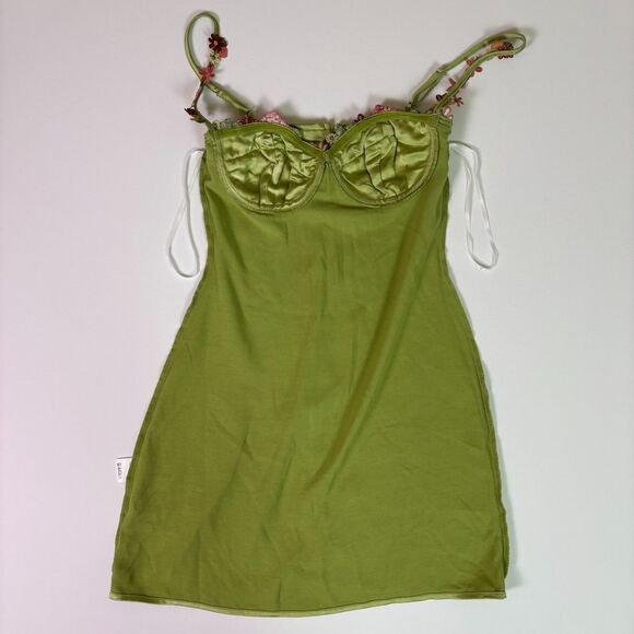 Princess Polly Kenzie Green Satin Mini Dress Size 2 Floral Embroidered Underwire - Picture 7 of 15